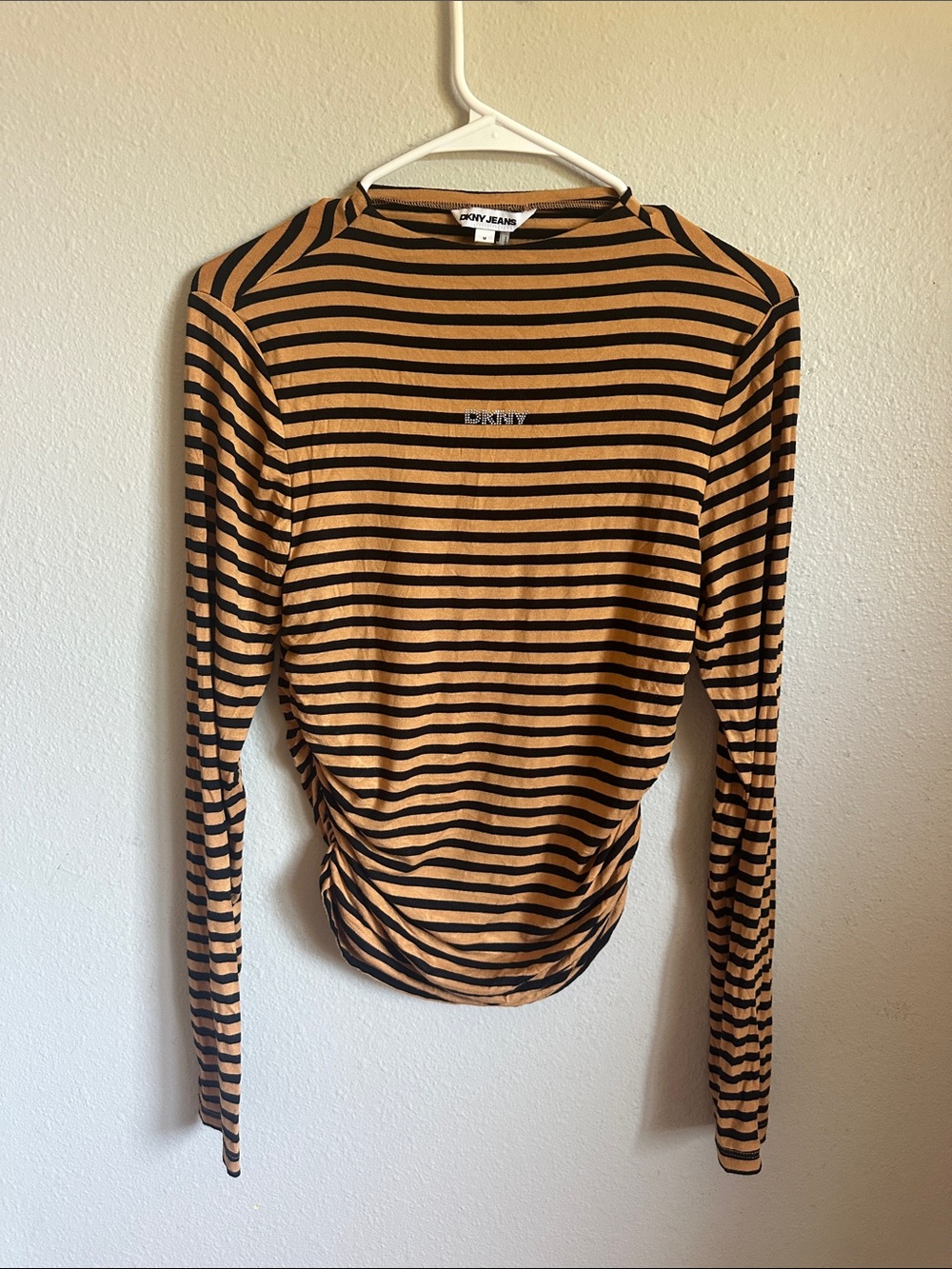 DKNY Striped Long Sleeve ruched mock neck top in Tan and Black